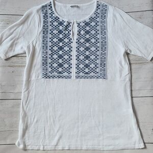 J. Jill Linen Blend White & Blue Patterned Short Sleeve Shirt Size Medium